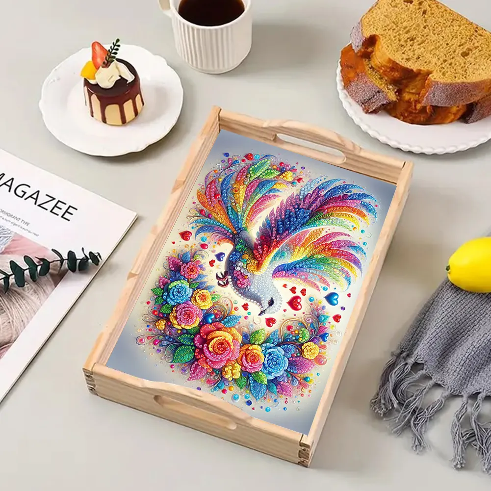 Wooden Colorful White Pigeon 5D DIY Diamond Painting Tray Art Craft with Handle