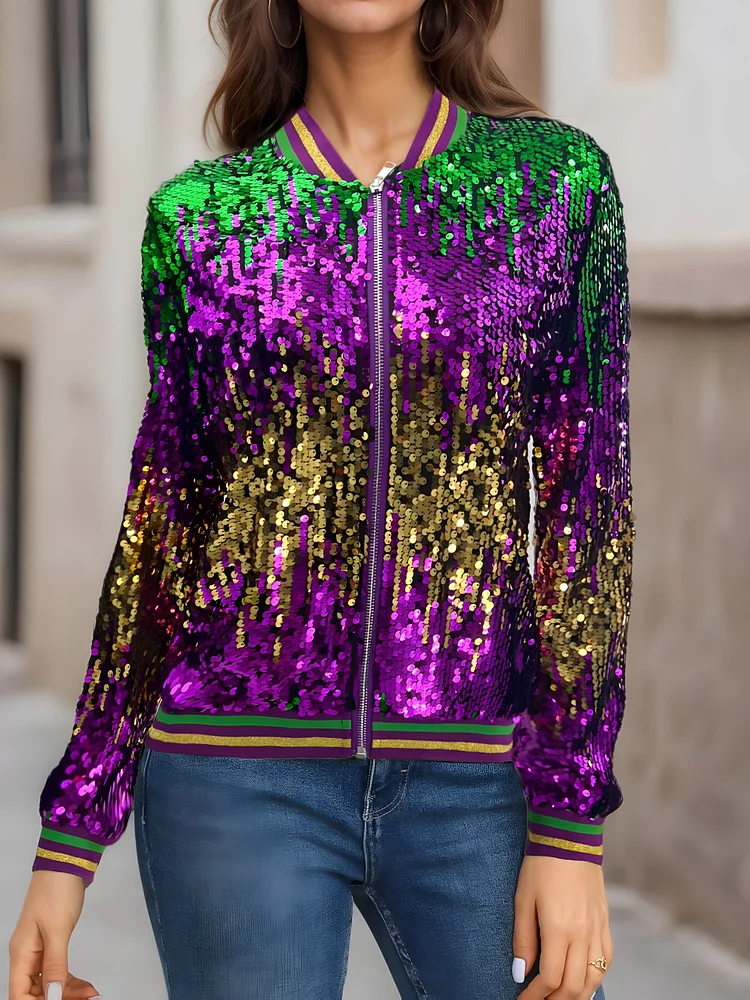 Women's Purple & Golden Sequin-Embellished Casual Jacket - Long Sleeve Round Neck Coat For Party & Casual Attire, Spring/Fall Outerwear With Colorful Sequin Detail, Hand Wash/Dry Clean, Fall Wardrobe, Sparkling Design, Highquality Finish, Statement Piece