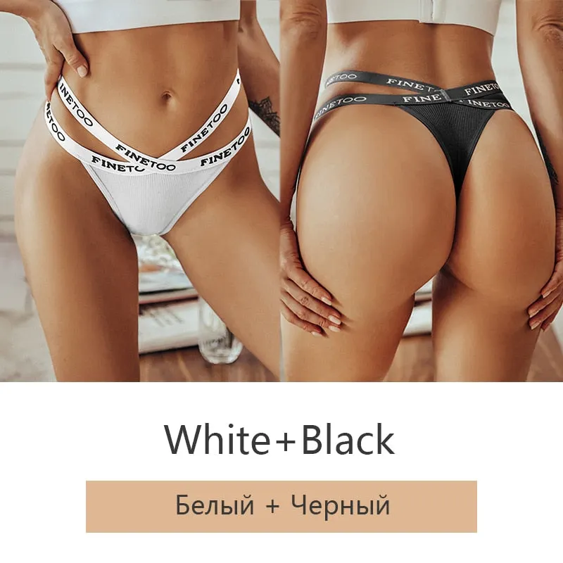 FINETOO 2Pcs/set Sexy Thongs Women Cotton G-string Panties Letter Bikini Underwear Girls Cross Belt Low-rise Underpants Lingerie