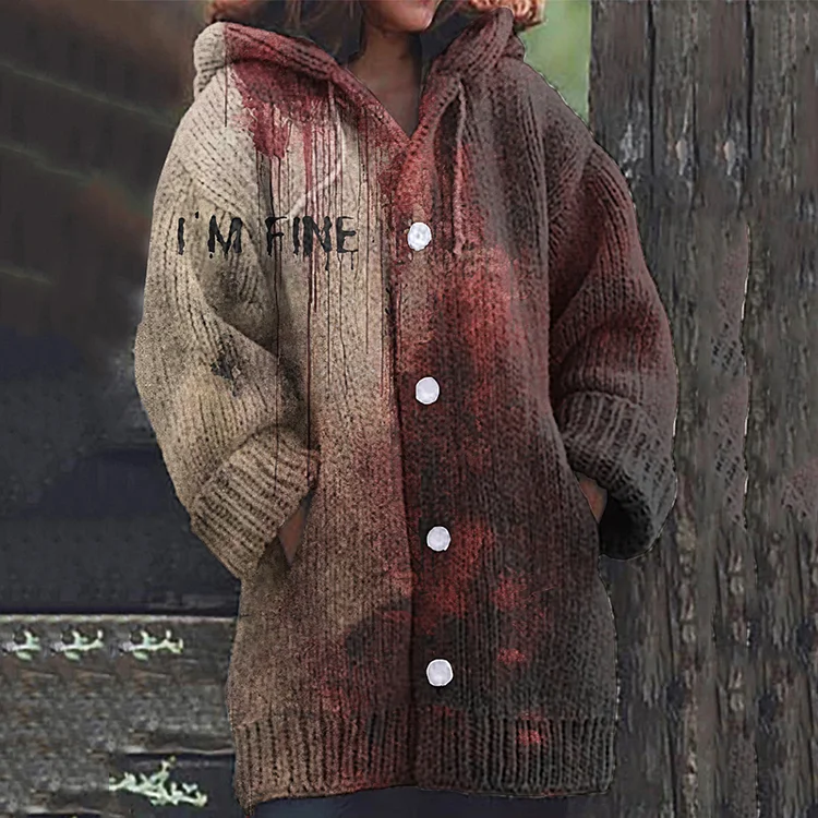 Men's Bloody I'm Fine Halloween Cozy Knit Hooded Cardigan