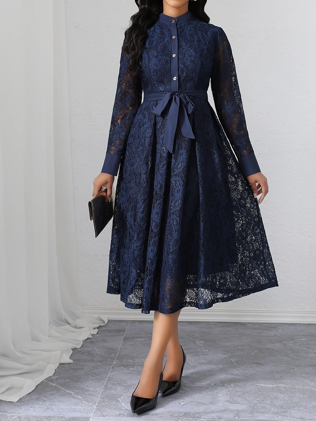 Women's Elegant Navy Blue Maxi Dress - Slim Fit With Adjustable Belt, Long Sleeve Button-Up Front, A-Line Formal & Casual Dress, Machine Washable Polyester Wedding, Party, Office Attire - Hryy132, Fitted Silhouette, Party Outfit, Lace Detailing | IFYHOME