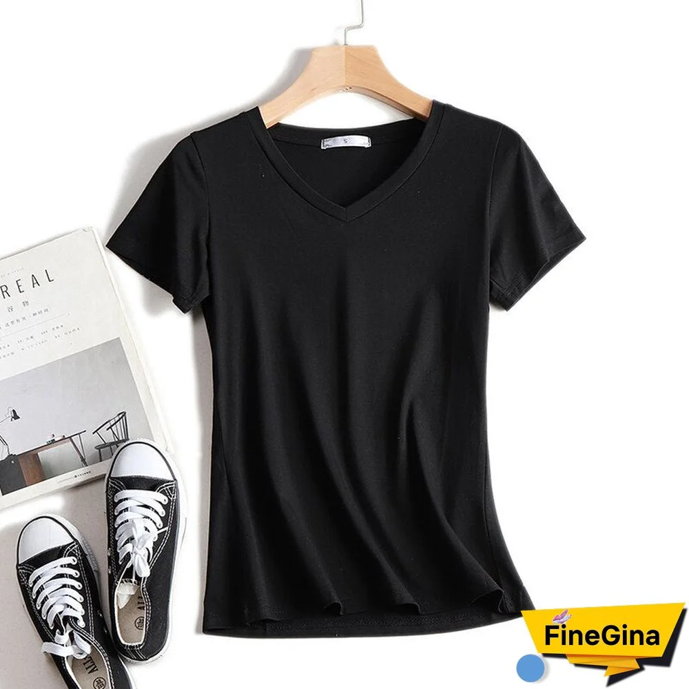 Christmas Gift V-Neck T Shirt Women Summer Tops Short Sleeve Tshirt Female Korean Fashion Cotton T-Shirt White Plus Size