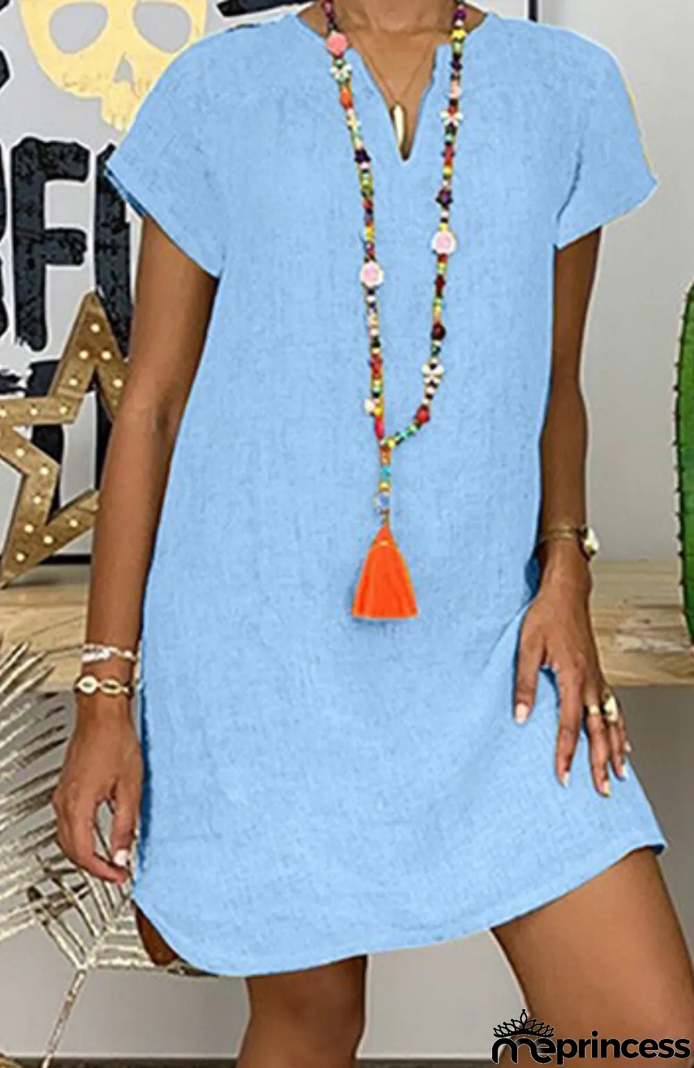 Summer Plus Size Casual Blue Short Sleeve Plain Midi Dress