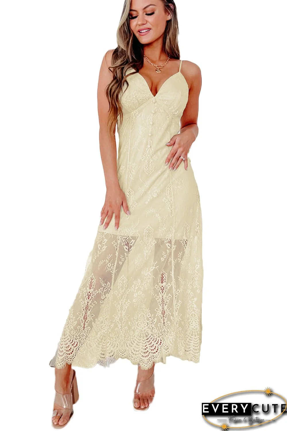 Beige Spaghetti Straps Chemise Lined Lace Maxi Dress