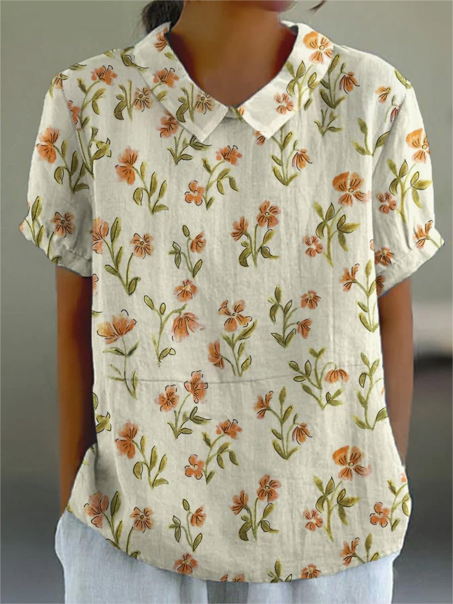 Women's Flower Art Print Casual Cotton And Linen Shirt