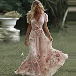 Women's Vintage Pink Rose Embroidered Art Pattern V-neck Short Sleeve Midi Dress - Image 2