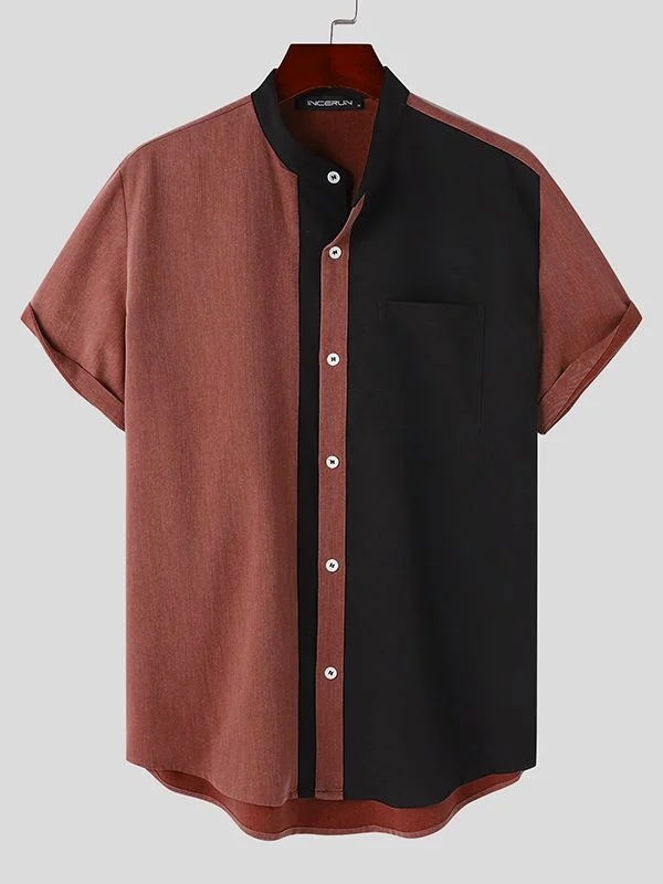 Aonga - Mens Cotton&Linen Patchwork Short Sleeve Shirt J