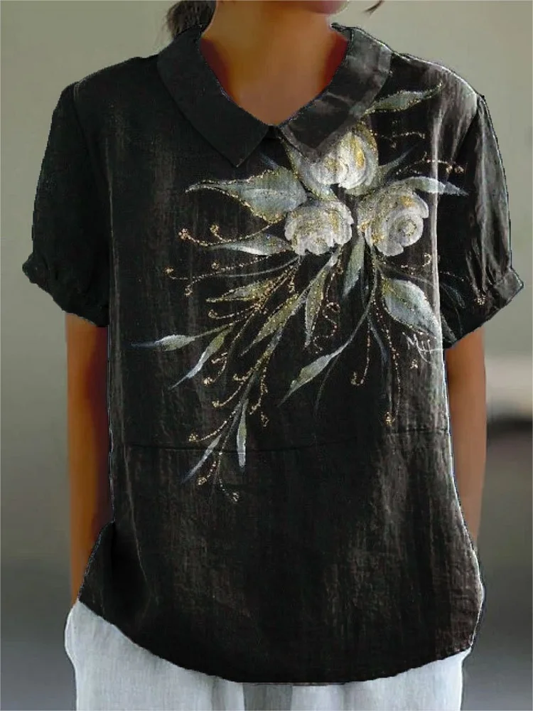 Women's Flower Print Casual Cotton And Linen Shirt