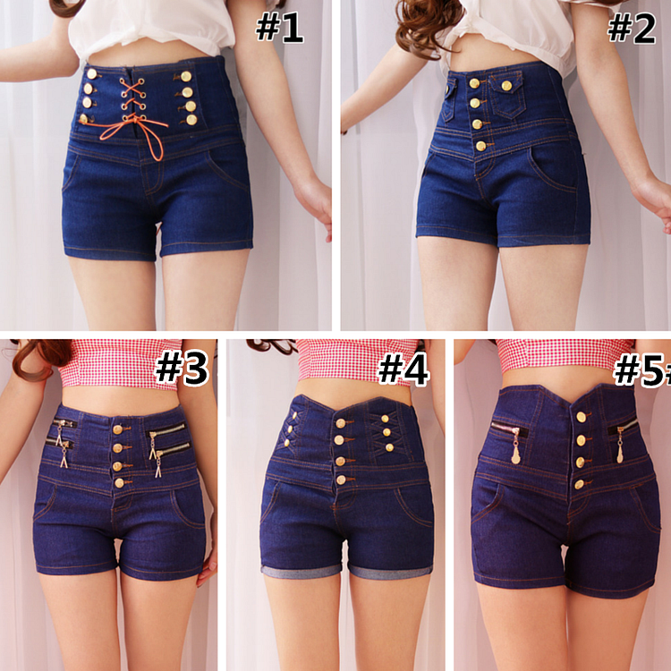 S-XL Blue Elegant Double-Breasted High Waisted Jean Shorts SP166799