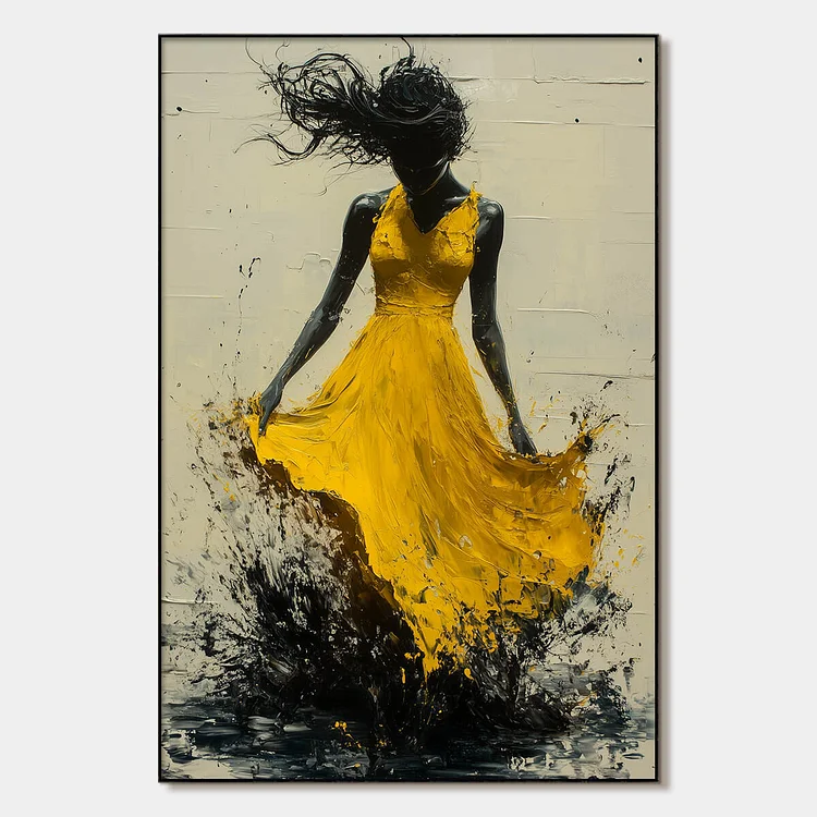 GOLDEN WHIRL: Textured Impasto Figurative Oil Painting of Woman in Yellow Dress（Canvas painting）