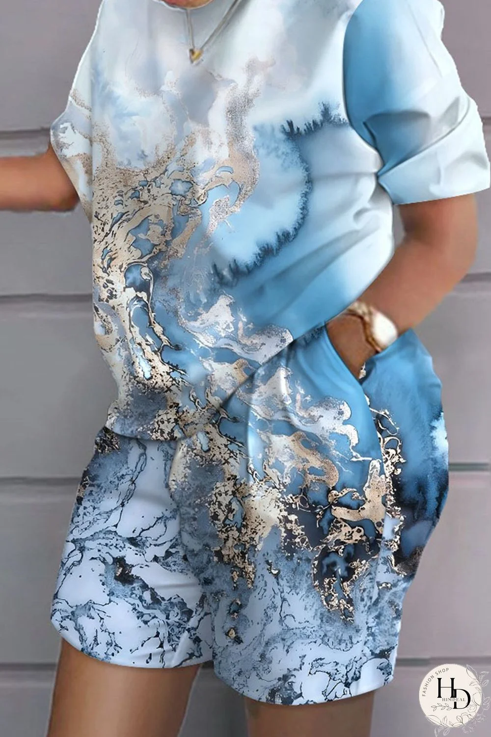 Grey Black Casual Print Patchwork O Neck Short Sleeve Two Pieces