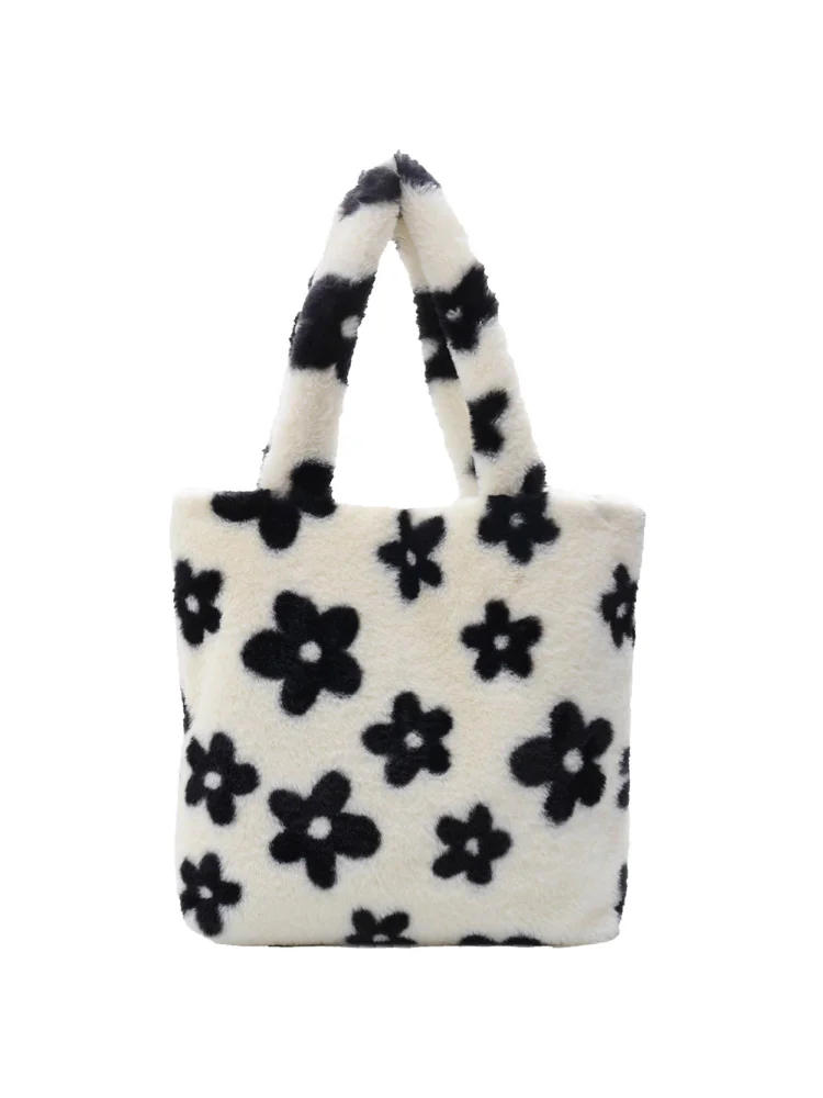Retro Flower Printed Plush Handbag Women Shoulder Top-handle Bag Clutch (L)