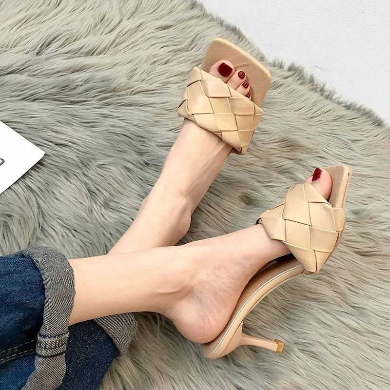 2021 Women Slippers 6cm High Heels Weave Design Summer Open Toe Solid Color Sandals Stiletto Heels Luxury Prom Woman Shoes