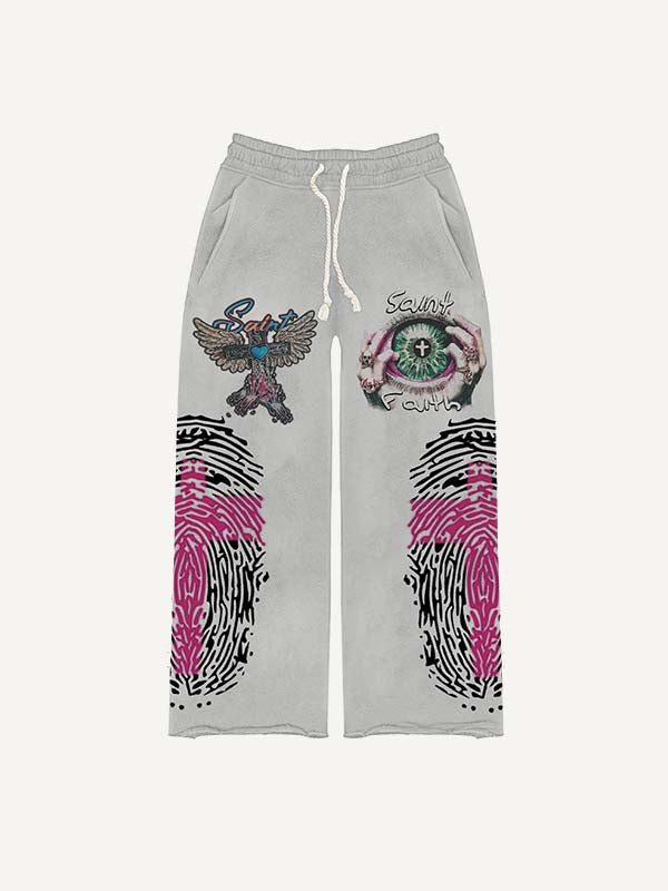 Eye&Cross&Palm&Wing&Heart&Letter Print Elastic Waist Pants