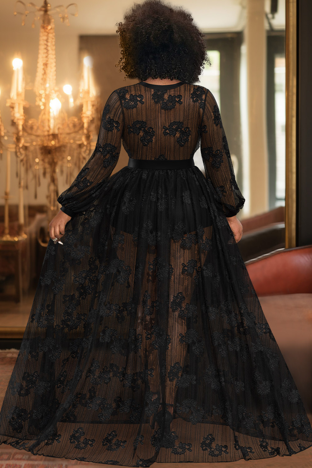 Design Plus Size Party Maxi Dresses Black Fall Winter V Neck Tulle Long Sleeve See-Through Lace Maxi Dresses