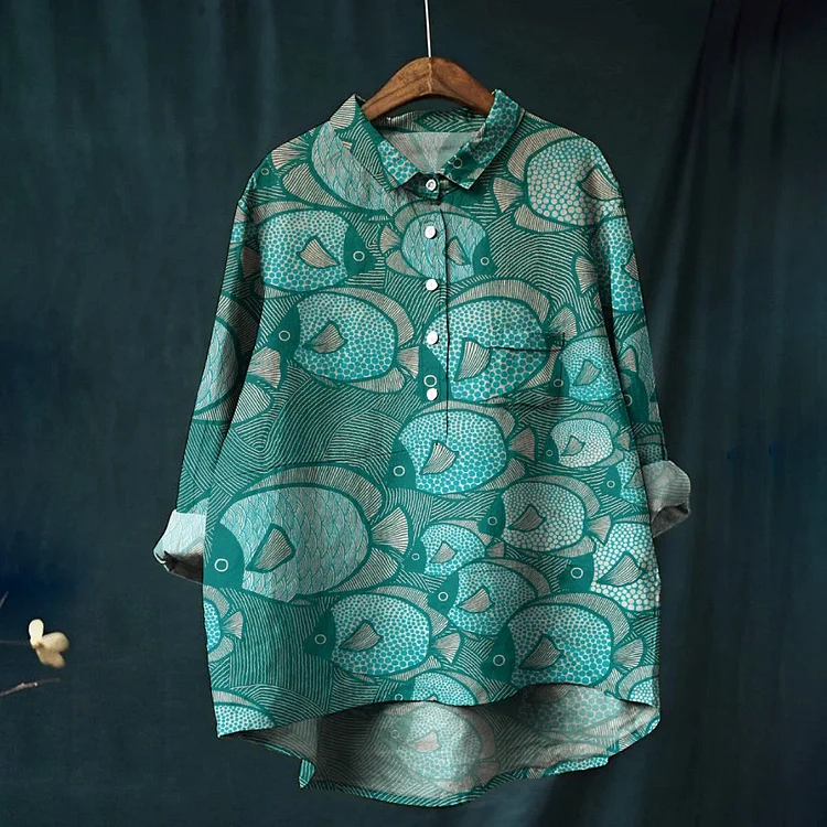 Women's Fish Print Casual Cotton And Linen Shirt