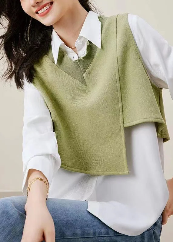 Fashion Green Vest And Shirts Cotton Two Pieces Set Spring