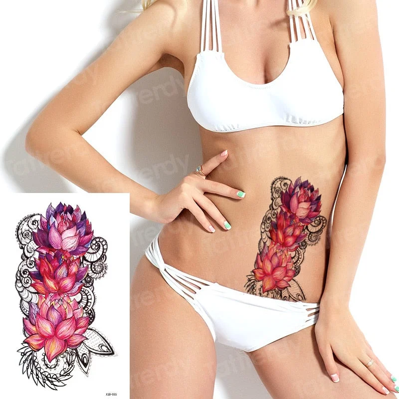 Snake Flower Rose Waterproof Temporary Tattoo Sticker Flash Tattoo Lace Fox Lion Body paint Arm Fake Sleeve Tattoo Women Mermaid