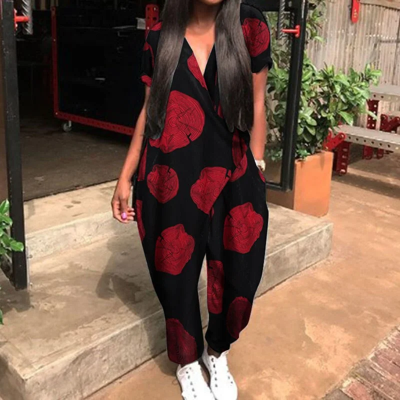 2022 Fashion Summer Rompers ZANZEA Women Jumpsuits Casual Loose V Neck Short Sleeve Overalls Harem Pants Solid Long Playsuits 7