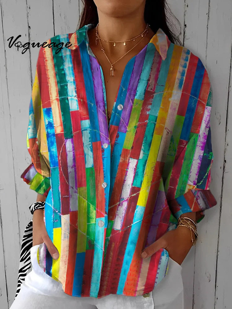 Fashion Color Line Stitching And Love Printed Cotton And Linen Shirt