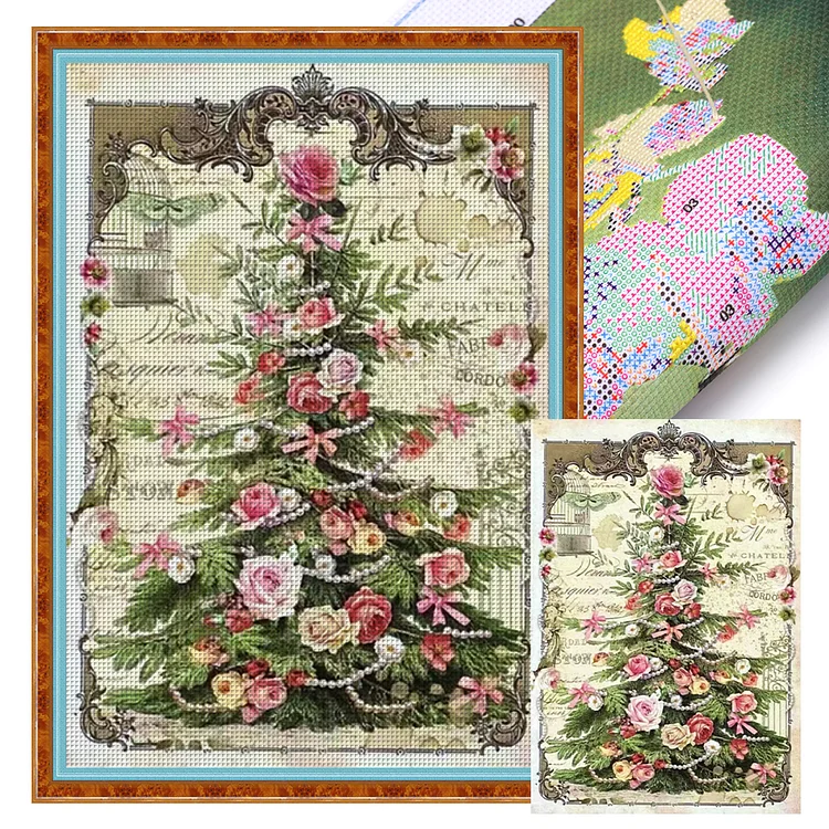 【Huacan Brand】Retro Poster - Christmas Tree With Roses 11CT Stamped Cross Stitch 45*65CM