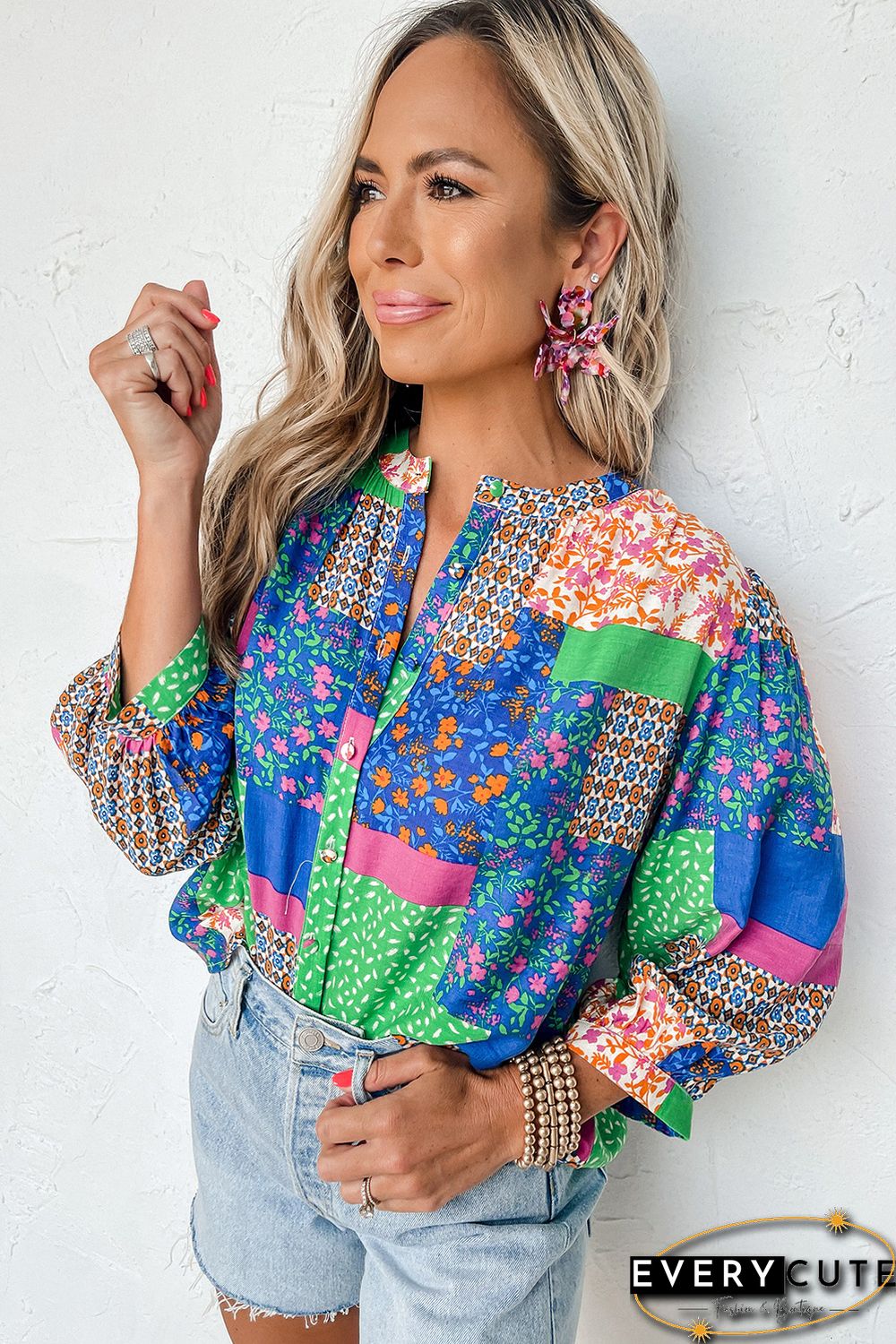 Multicolor Floral Patchwork Print Buttoned Puff Sleeve Shirt