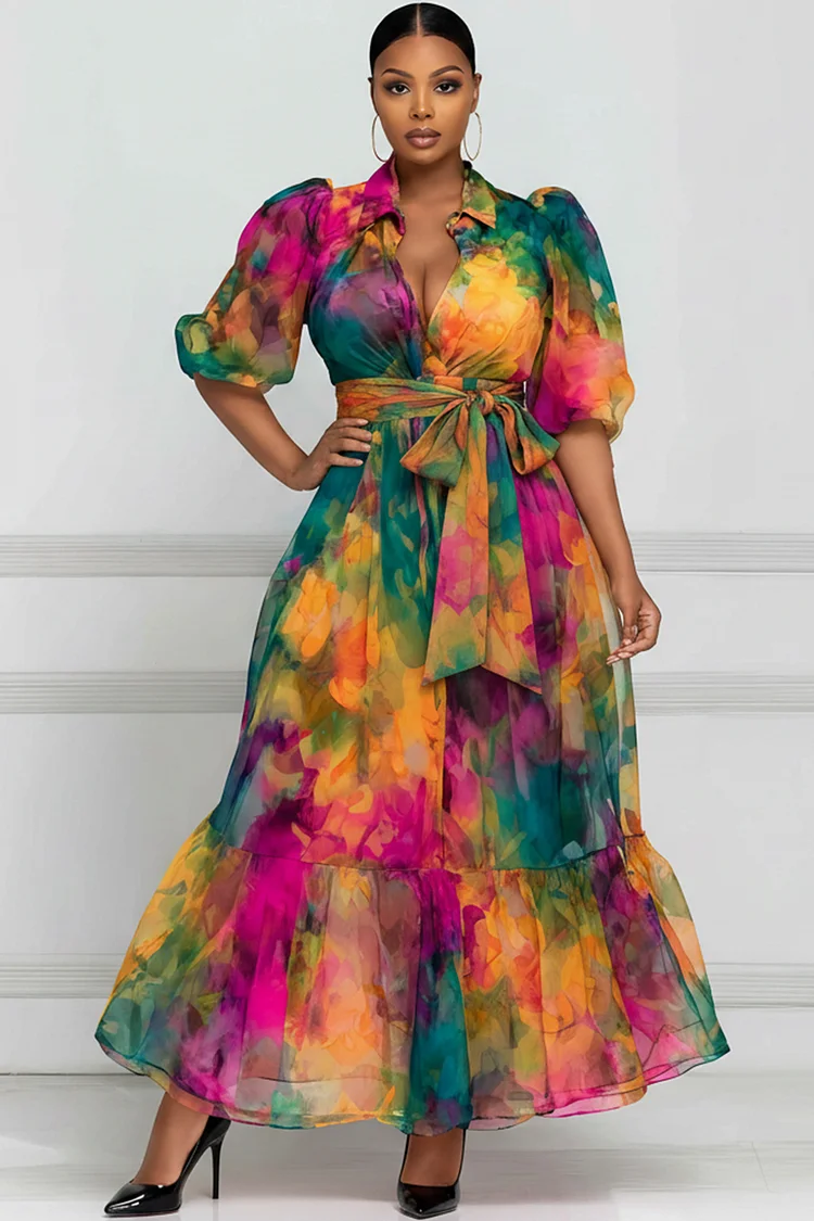 Xpluswear Design Plus Size Vacation Multicolor All Over Print Wrap Neck Puff Sleeve Short Sleeve Wrap Chiffon Maxi Dresses [Pre-Order] 2024 - Xpluswear