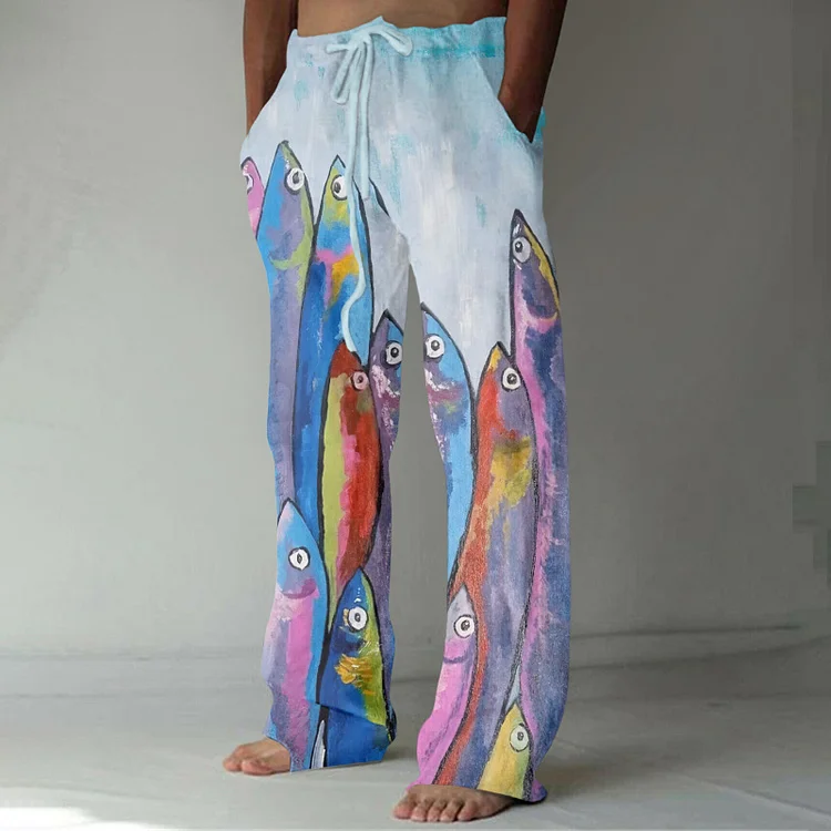 Japanese Vintage Fish Art Linen Blend Casual Pants