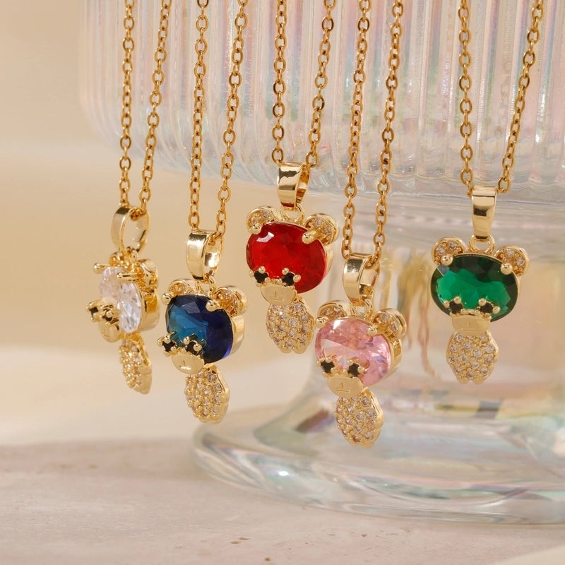 304 Stainless Steel Copper Rhodium Plated Inlay Bear Heart Shape Glass Zircon Pendant Necklace