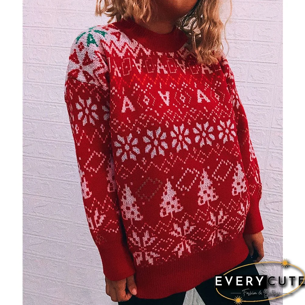 Red Round Neck Vintage Snowflake Christmas Sweater