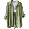 Women's Wrinkled Fabric Casual Long Sleeve Shirt High Waist Drawstring Shorts Two-piece Set