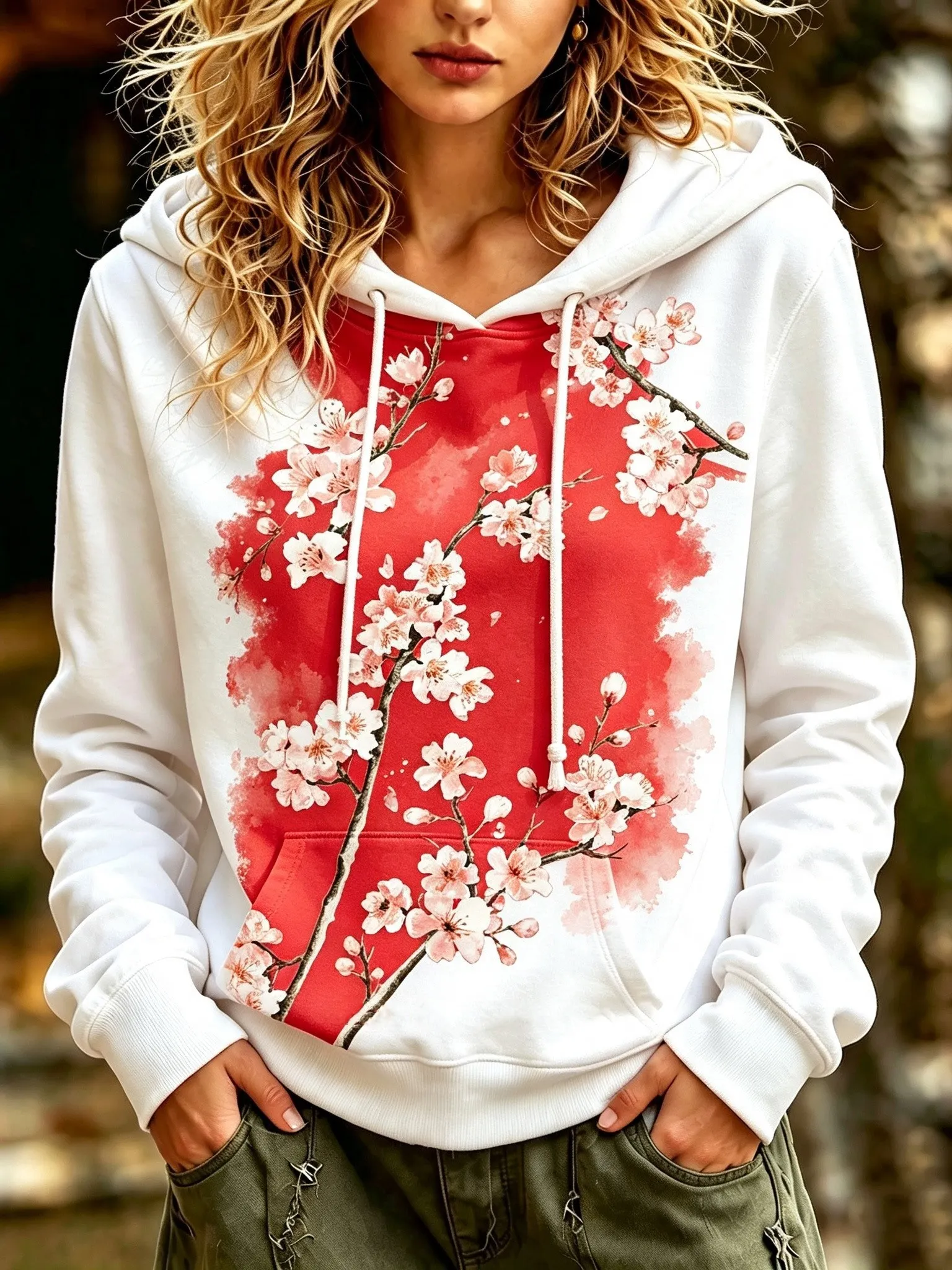 Comstylish Women's Bohemian Japanese Art Floral Cherry Blossom Print Hooded Sweatshirt.
