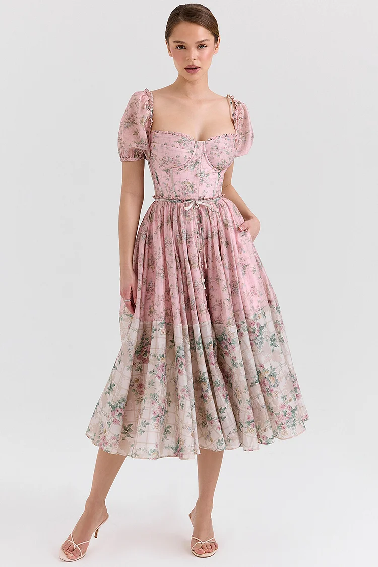 Floral Print Short Sleeve Cinch Waist Colorblock Midi Dresses-Pink [Pre Order]
