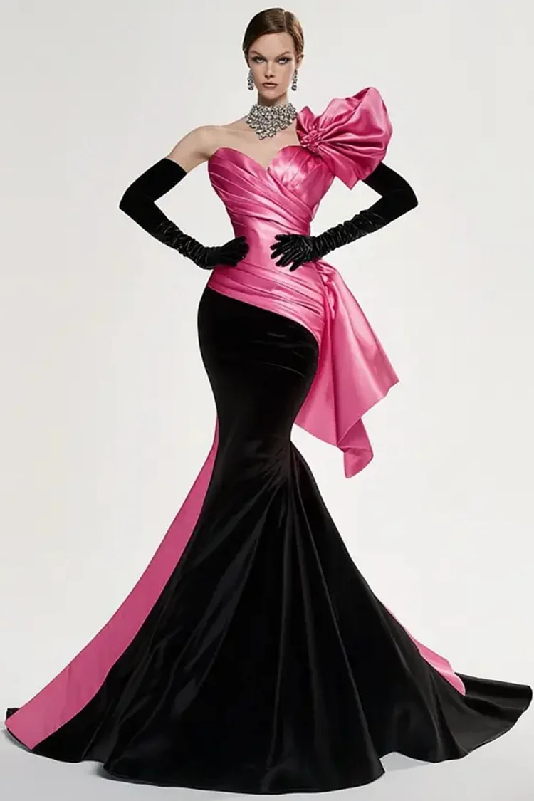 Pleated Colorblock Velvet Fishtail Maxi Dress-Black Pink [Custom-Made]