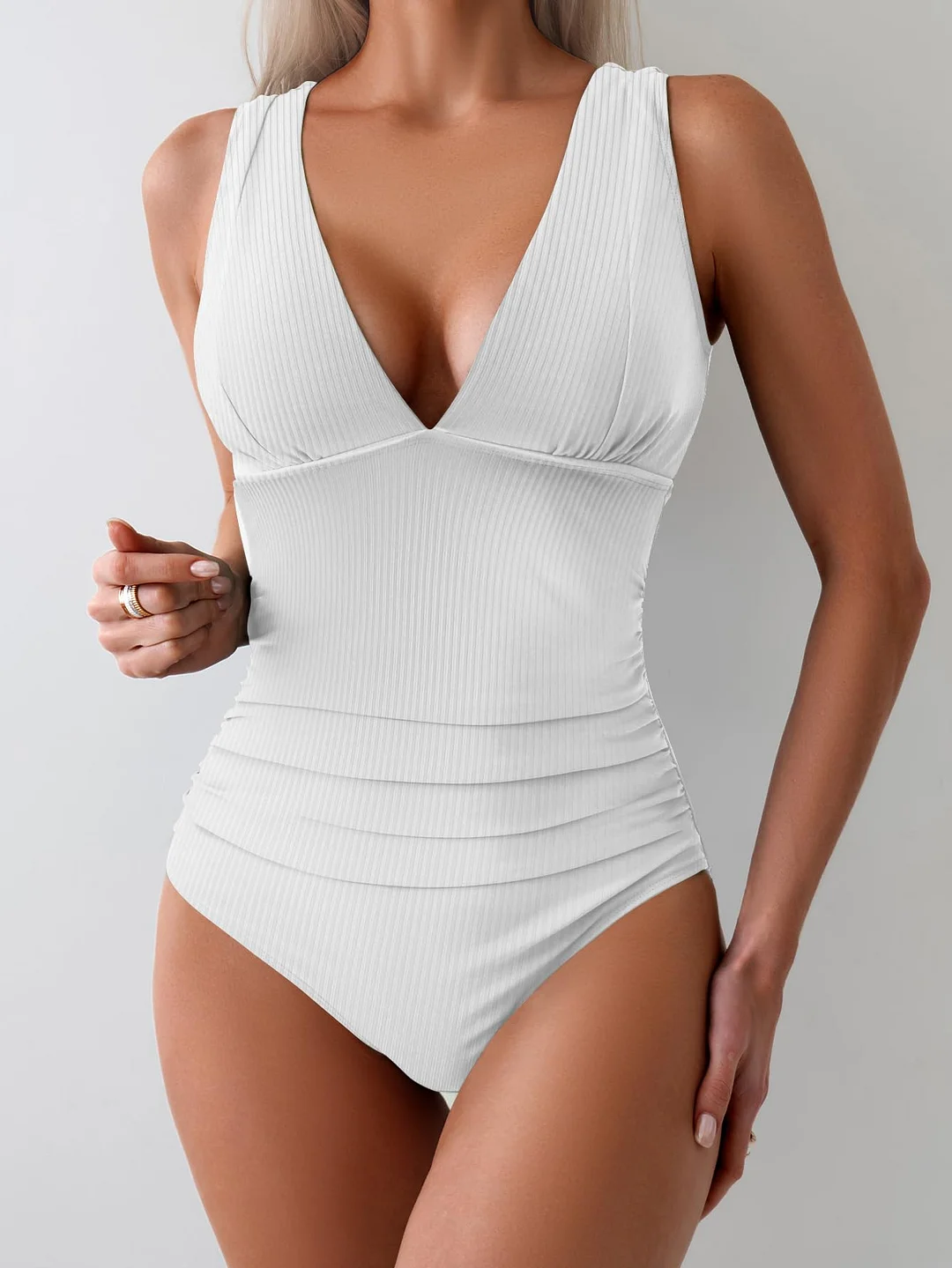 Tummy Control Wide Straps Plunge V Neck One Piece Swimsuit