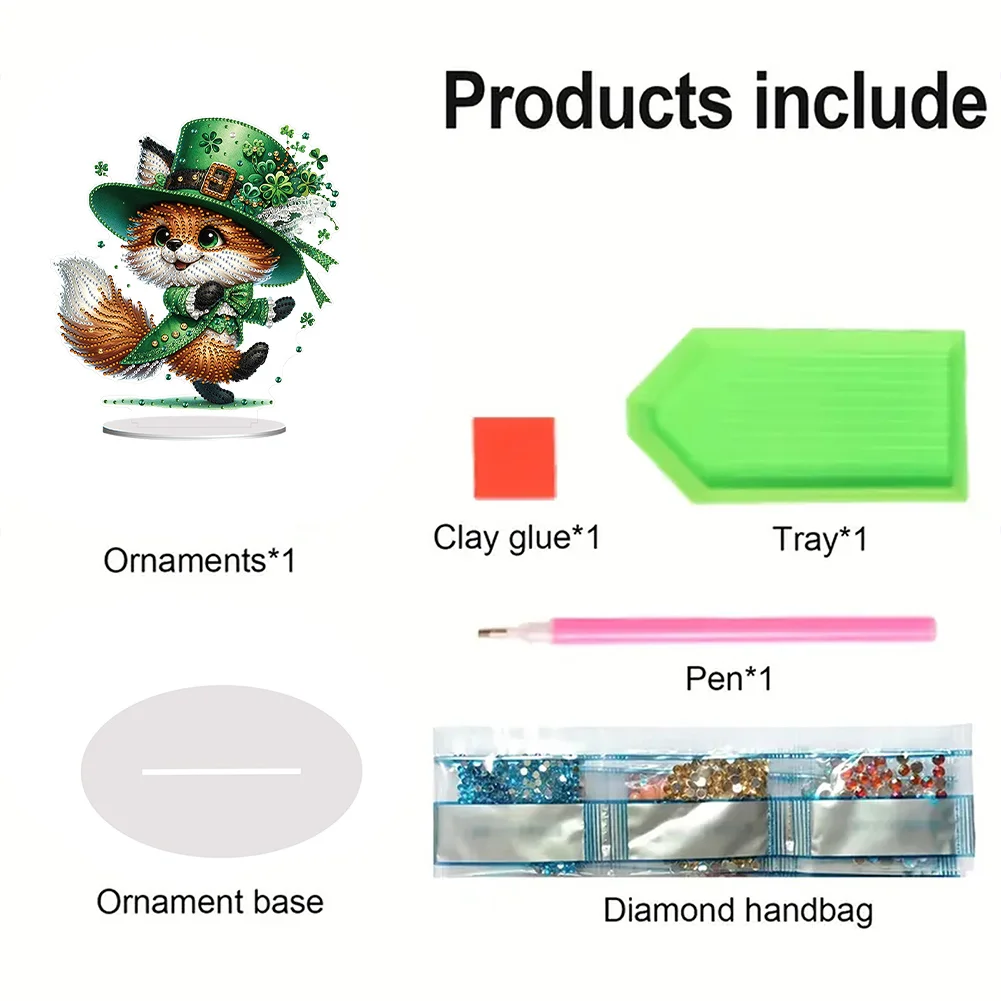 DIY Acrylic St. Patricks Day Fox Special Shape Diamond Painting Tabletop Ornament Creative Home Decor & Gift Idea for Adults - Relaxing Craft Activity