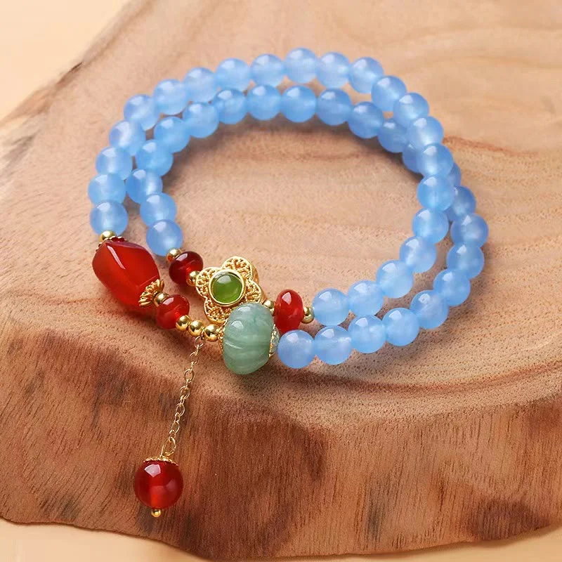 Aquamarine Red Agate Healing Double Wrap Bracelet
