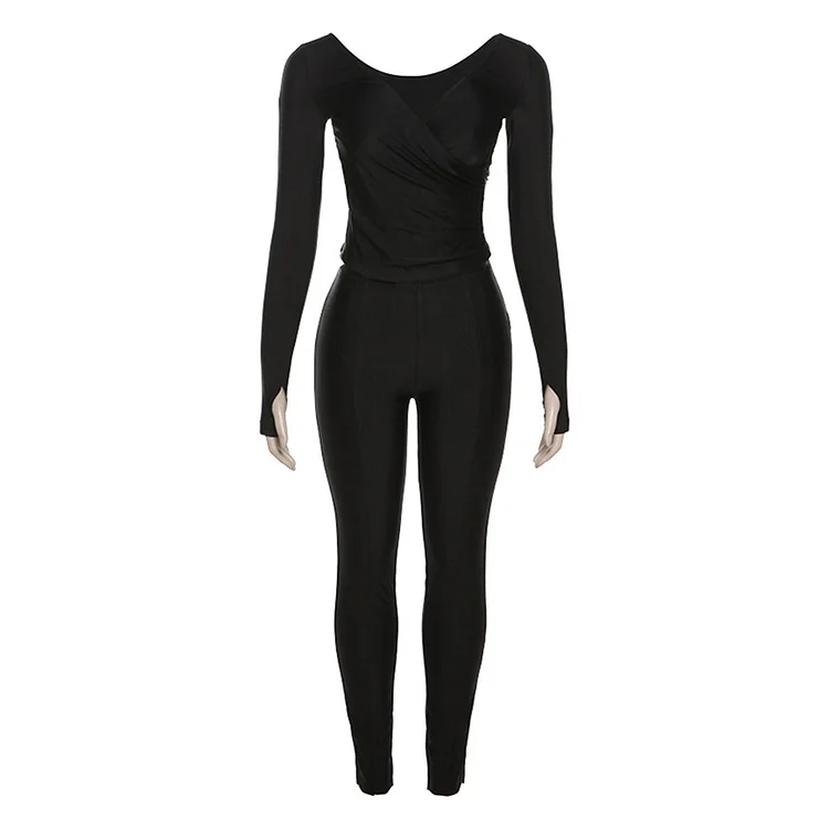 PASUXI  Colors New Style Long Sleeve V-Neck High Waist Tight Women Pants Sets of Women 2 Pieces Elegant Set huanwei