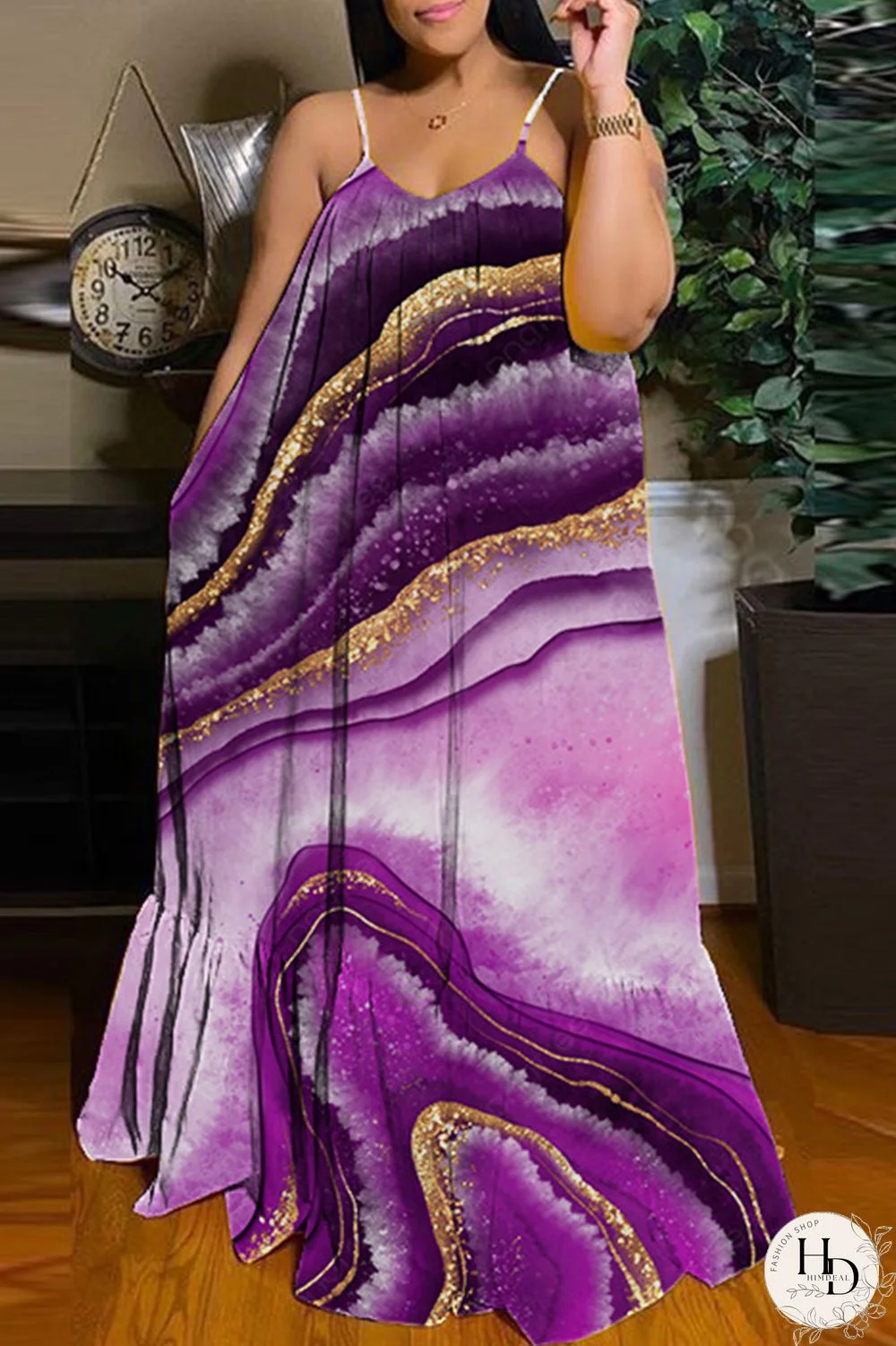 Apricot Sexy Casual Print Backless Spaghetti Strap Long Dress Dresses