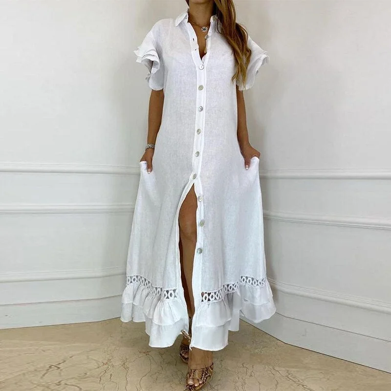 4 Colors Maxi Dress VONDA Women Summer Flare Sleeve Long Dresses Loose Lapel Collar Ruffled Hem Vestidos Sexy Split Hem Robe