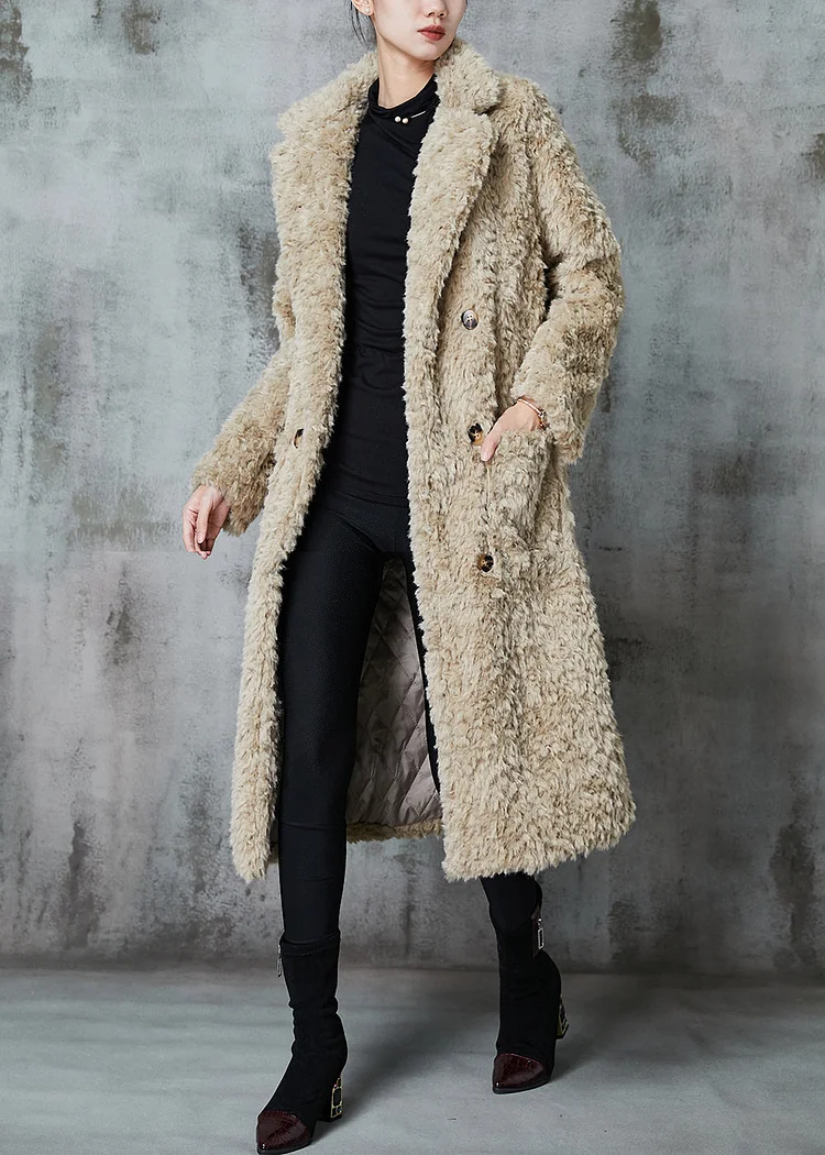 Fashion Khaki Double Breast Thick Fuzzy Fur Fluffy Coats Winter