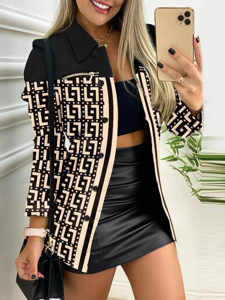 Nigikala Nigikala Spring And Autumn New Black Coat Long Sleeve Button Color Printing Clip Commuter Temperament Advanced Sensing Suit Woman