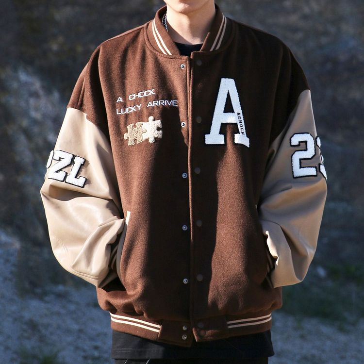 Embroidered Brown Puzzle PU Leather Sleeve Men's Baseball Varsity Jacket at Hiphopee