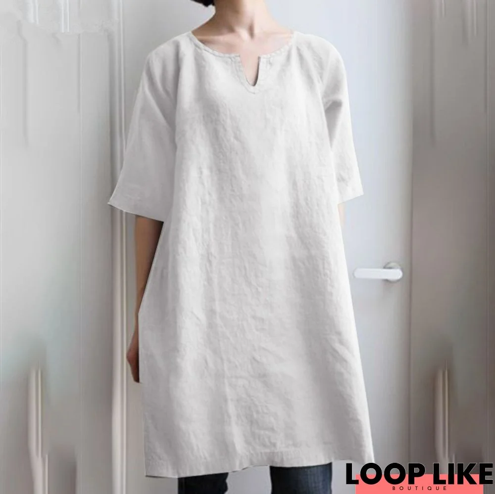 Solid Color V-Neck Cotton and Linen Casual Middle Sleeve Dress Female White Dresses