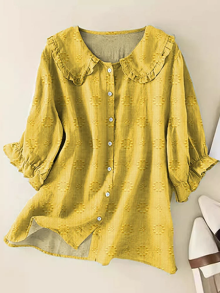 Women Vintage Lovely Floral Pattern Art Print Loose Peter Pan Collar Half Sleeve Blouses