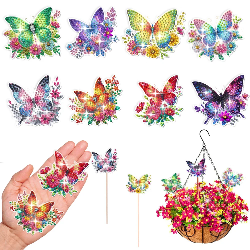 8Pcs DIY Butterfly Diamond Art Paintings Stick Diamond Painting Stakes Ornaments