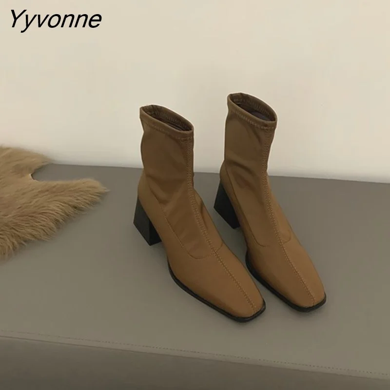 Yyvonne Square Toe Ankle Boots Women's Shoes High Heels Elastic Thin Boots Retro Botte Femme 2022 Short Botas Black Botines Mujer