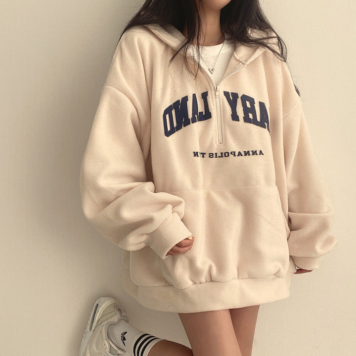 Beyprern Vintage Embroidery Letter Half Zip Up Hoodie