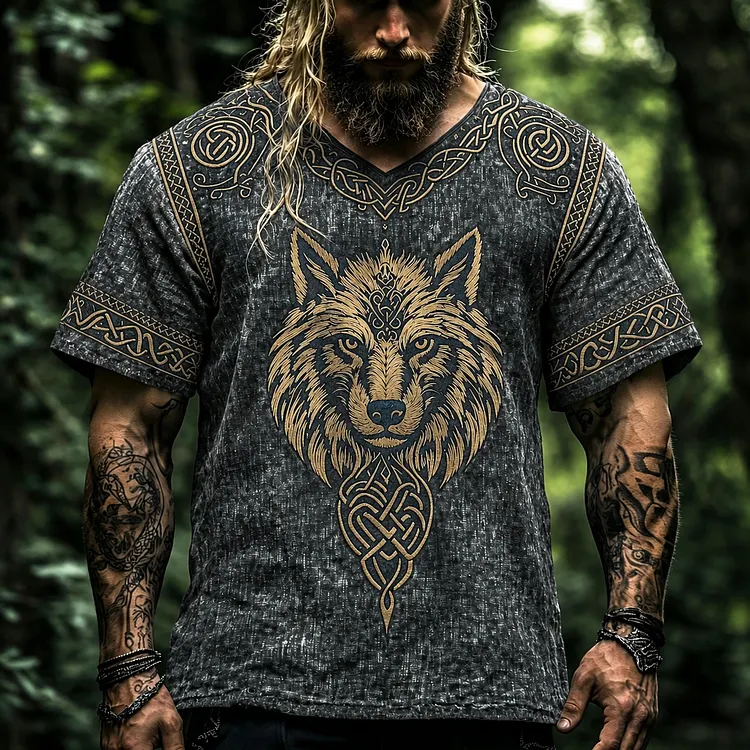 Men's Vintage Viking Wolf Print V-neck Linen Blend T-shirt