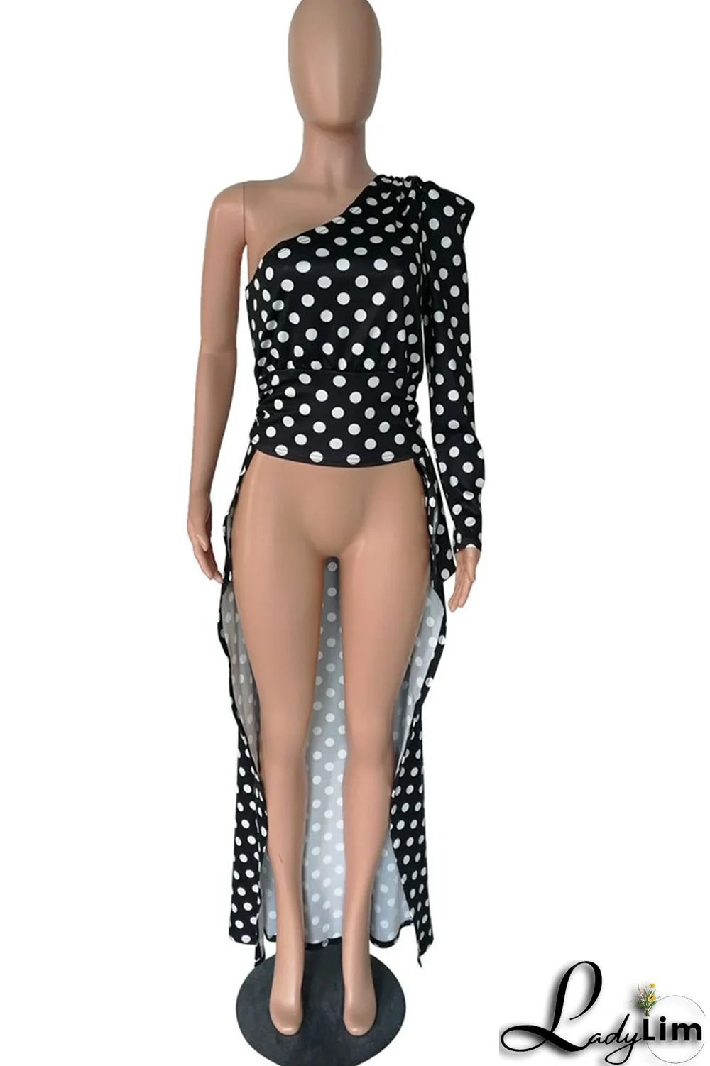 Black Sexy Print Leopard Split Joint Fold Asymmetrical Oblique Collar Dresses